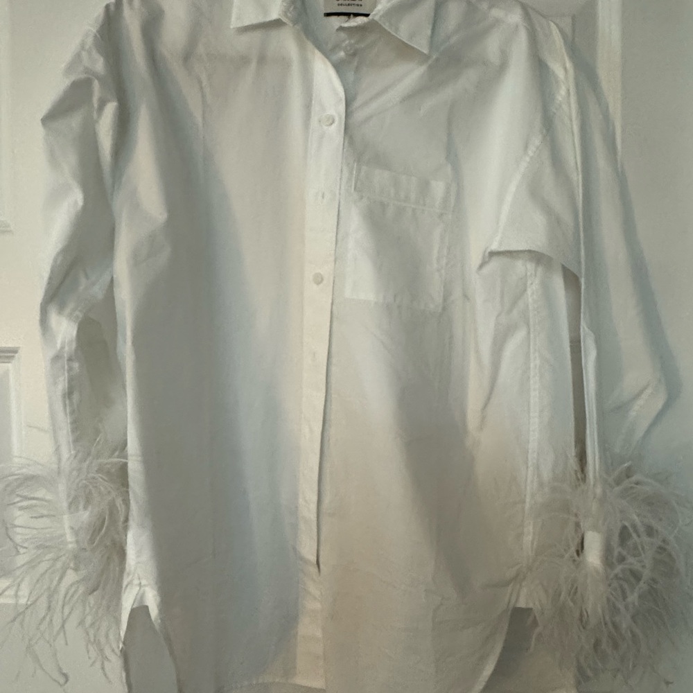 White Feather-Trimmed Button Down Shirt
